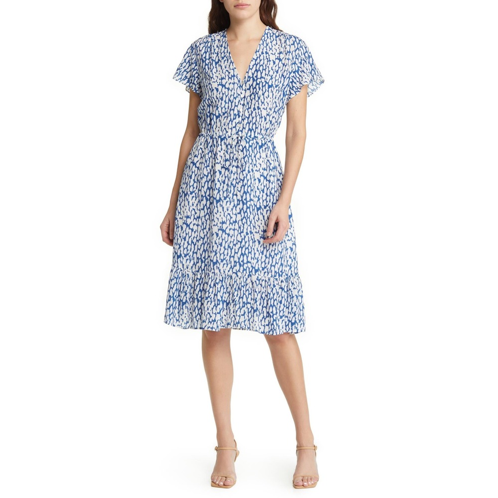 Rails Kiki Cobalt Static Leopard Button Front Ruffle Mini Dress S Blue White